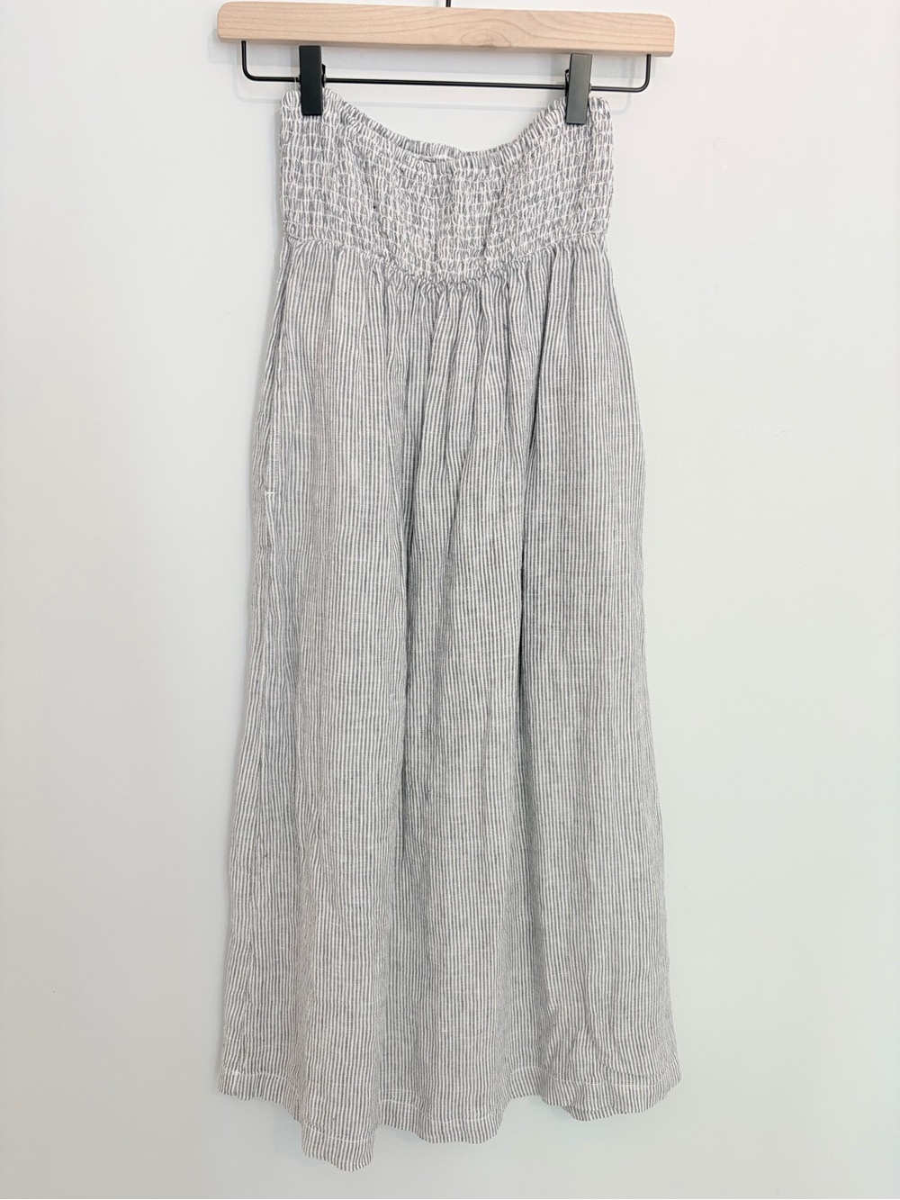 Tahari Smocked Waist Maxi Skirt in Light Gray Pinstripe